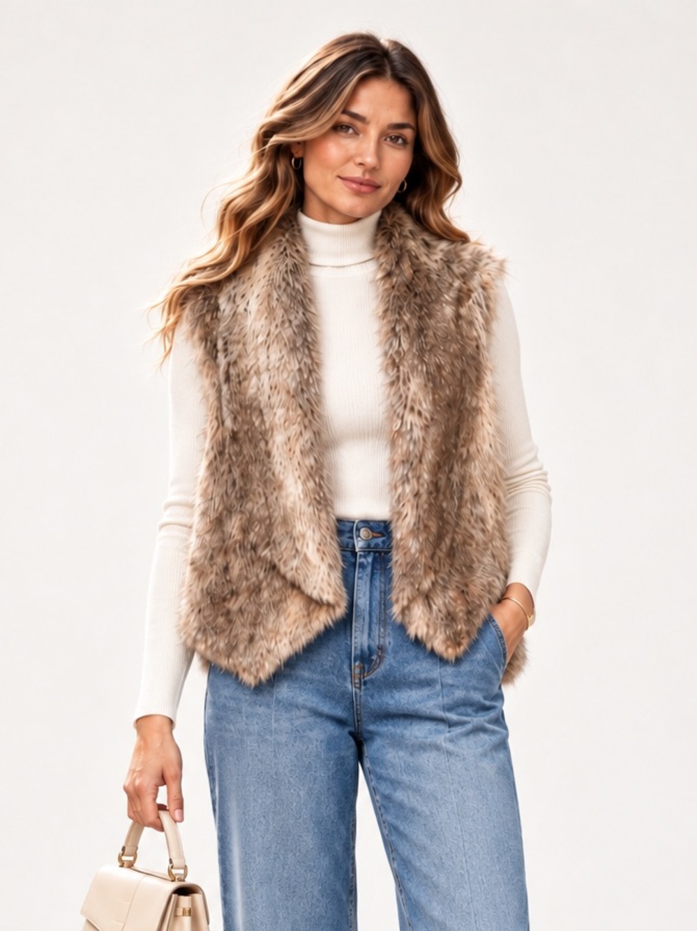 JACK by BB Dakota Dwight Faux Fur Waterfall Vest Taupe Small